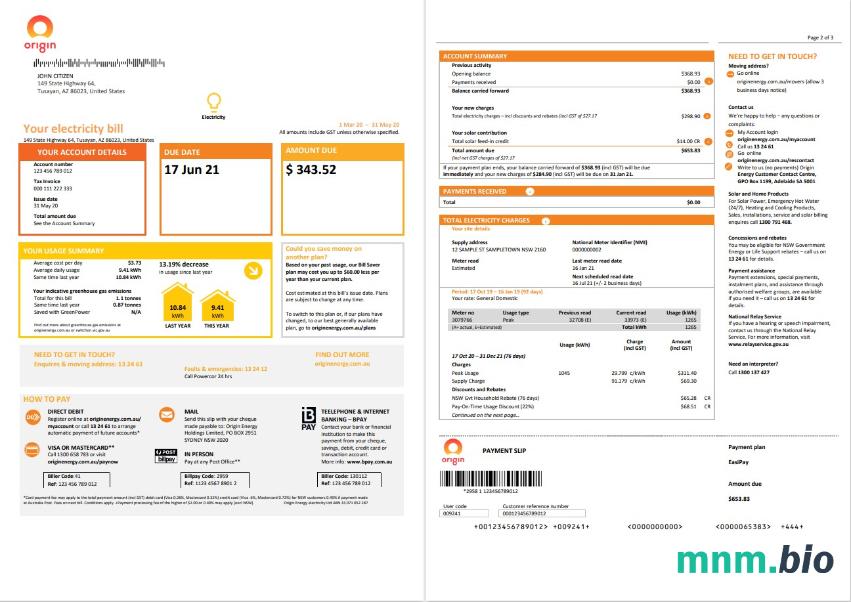 Australia Nowa Południowa Walia (NSW) pochodzenie szablon rachunku za energię elektryczną w formacie Word i PDF 1 2